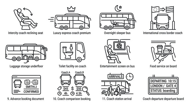 Set of line icons representing coach and bus travel amenities and services.
