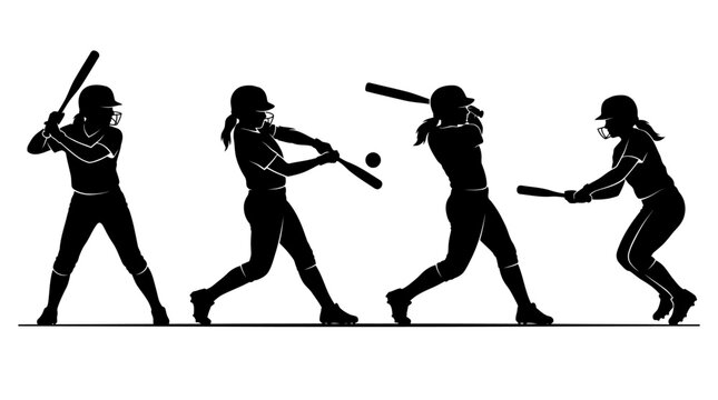 Silhouette illustration of a female softball player in various batting poses.