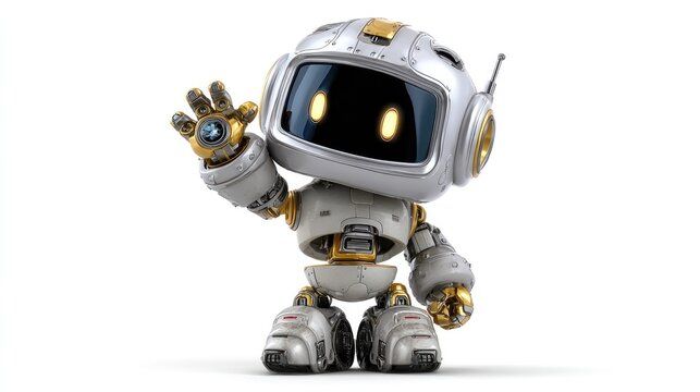 Friendly Robot Waving Hello: A charming, retro-futuristic robot with a metallic sheen and glowing yellow eyes gives a welcoming wave, symbolizing innovation and digital companionship.