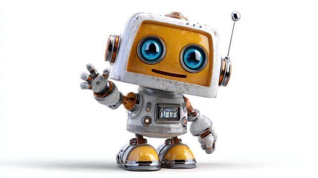 Friendly Robot Greeting: A cute, retro-style robot with big blue eyes and a playful expression waves hello, its antenna raised, standing on a clean, bright surface.