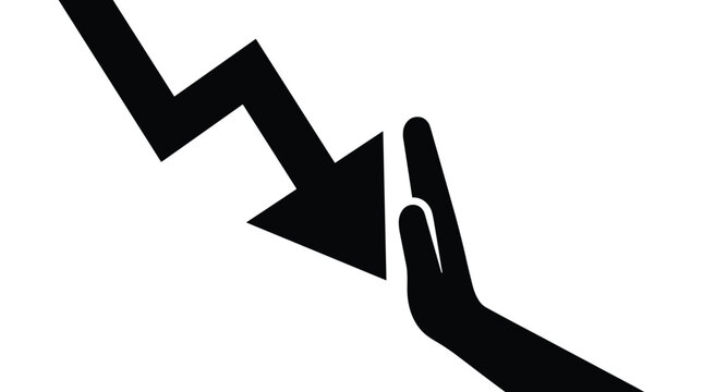 Hand stopping downward trending arrow graph, concept of stopping decline, preventing crisis, recession prevention, market crash stop, economic downturn.