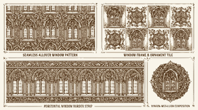 Set of ornate gothic window architectural patterns and ornamental design elements.
