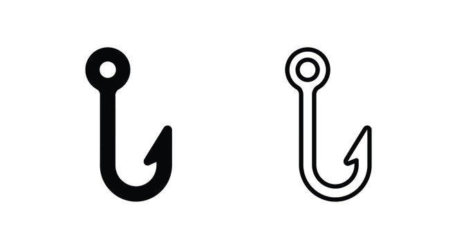 Two fishing hooks depicted as black and outlined silhouettes on a white background silhouette hook fishhook angling shape
