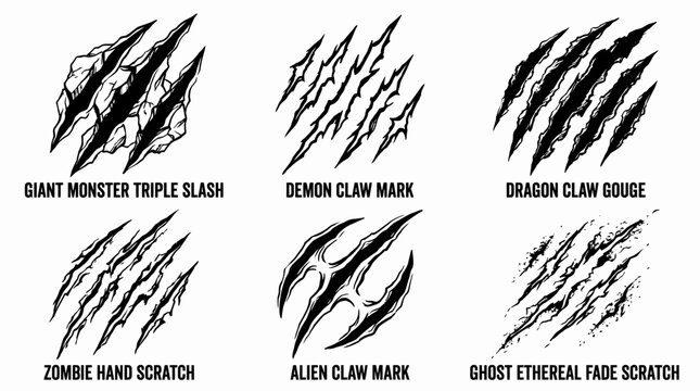 Set of six distinct monster claw scratch and slash mark illustrations.