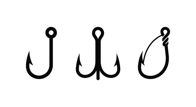 Three fishing hooks in a black silhouette against a white background silhouette hook fishhook angling tackle equipment shape