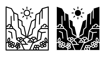 Fototapeta premium Minimalist Mountain Landscape Icons, Sun and Clouds, Nature Scene Vector Set