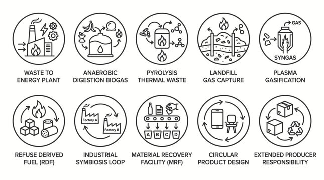 Set of ten circular icons representing various waste management and sustainable energy processes.