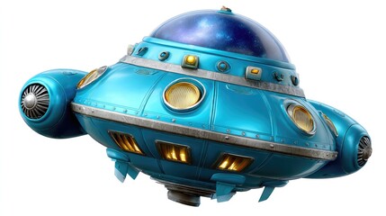 Fototapeta premium Flying Saucer in Space: A vintage-style flying saucer, gleaming with metallic blue paint and circular windows, hovers in the vast expanse of space.