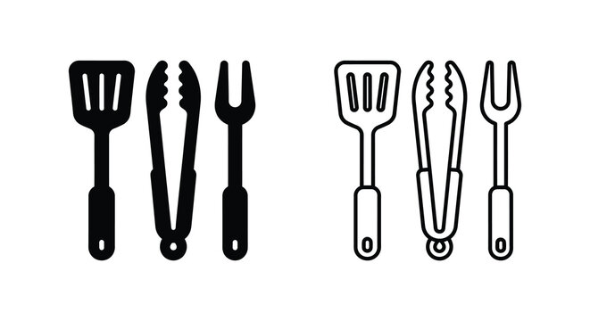 Barbecue spatula tongs and fork set in a black line silhouette bbq grilling cookout turner grabber utensil kitchenware