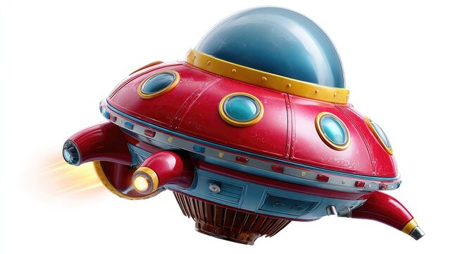 Retro Flying Saucer: A vibrant red flying saucer with a blue dome and yellow accents, designed in a classic retro style, appears to hover mid-air, leaving a trail of motion behind.