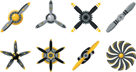 Airplane propeller vector illustration set showing mechanical aviation designs with multiple blade configurations and metallic engineering concept © israena