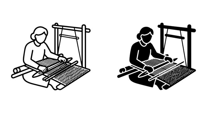Traditional Weaver at Loom, Textile Craftsmanship Icon, Manual Fabric Creation Vector