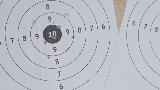 Flatlay composition showing scored practice targets and lead airgun ammunition