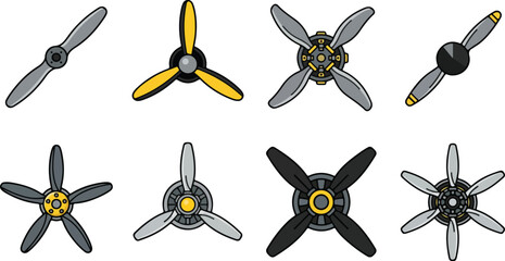 Airplane propeller vector illustration set showing mechanical aviation designs with multiple blade configurations and metallic engineering concept © israena