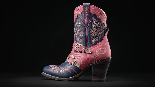Rotating pink and blue leather cowboy boot displayed on dark background.