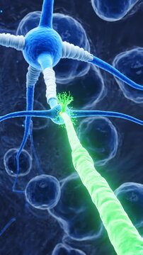 A bright green neuron fiber connects to a blue cell body within a dark, microscopic neural network