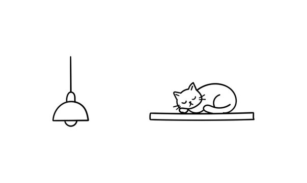 Cute Hand Drawn Sleeping Cat On A Shelf Vector Illustration With Hanging Lamp
