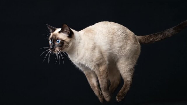 Siamese cat with blue eyes jumping mid-air and landing against a black studio background