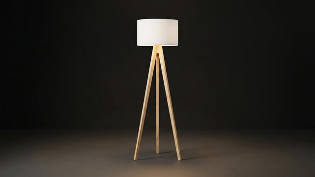Modern tripod floor lamp with wooden legs glowing in dark studio