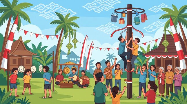 Indonesian Independence Day traditional games celebration with panjat pinang pole climbing and cracker eating contest vector illustration
