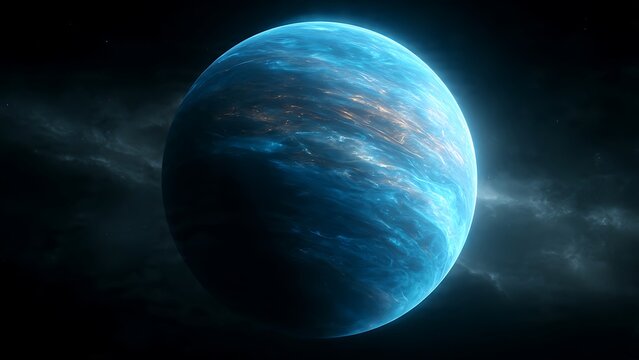 A serene cinematic illustration of a giant gas exoplanet with glowing blue atmospheric bands, surrounded by subtle ring dust and a faint cosmic nebula in deep space.