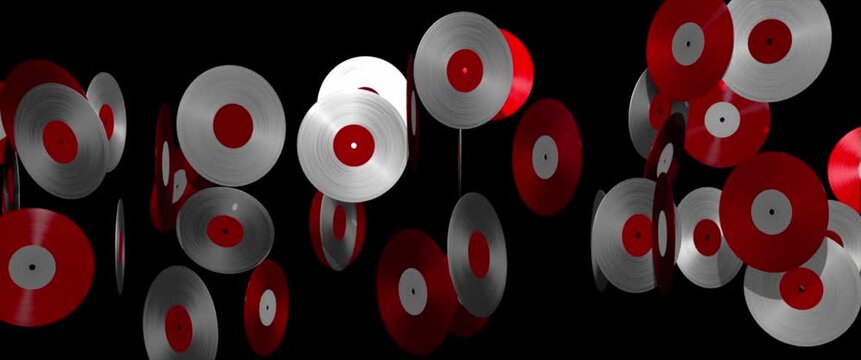 Abstract Red and White Vinyl Records Floating in Space, Retro Music and DJ Concept Background Design