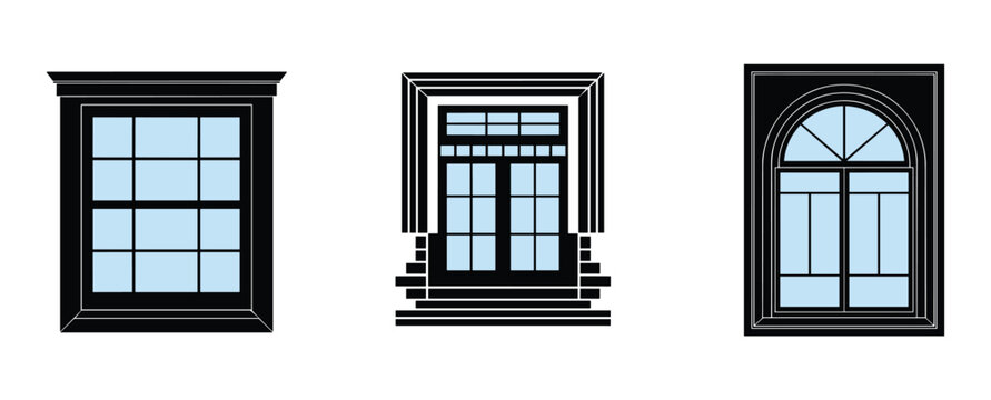 Architectural Window Designs: A trio of elegant window frames showcasing diverse architectural styles, from traditional sash and French doors to a classic arched design.