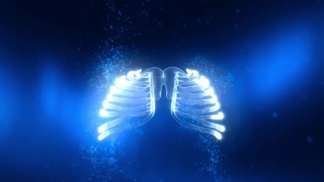 3D Rendered Human Rib Cage Skeleton with Glowing Blue Particle Effects and Background