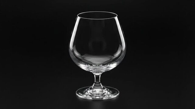 Empty crystal brandy snifter glass standing on black background in studio.