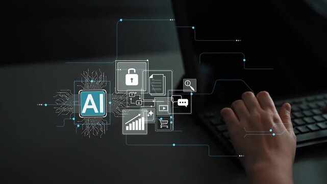Futuristic Concept of Artificial Intelligence with Graphical Elements Representing Security, Data, and Communication Interactions in a Digital Workspace Gluon.
