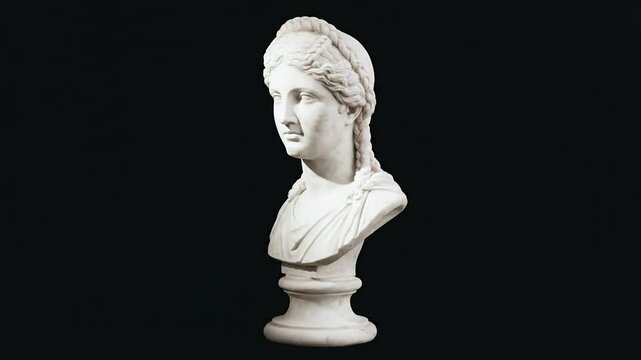 Classical marble bust of a Greek woman rotating on black background.