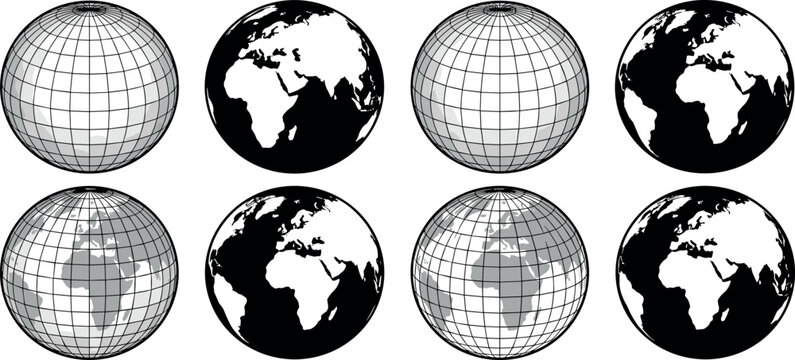 Planet earth globe icon set vector illustration featuring world map grid lines and continent silhouettes isolated on white