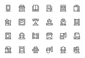 Fototapeta premium City Amenities icon set. Minimalist line icons pack. Featuring panel, buildings, architecture, building, communications, bed, basket, platform, metro, bathroom, emergency and more.
