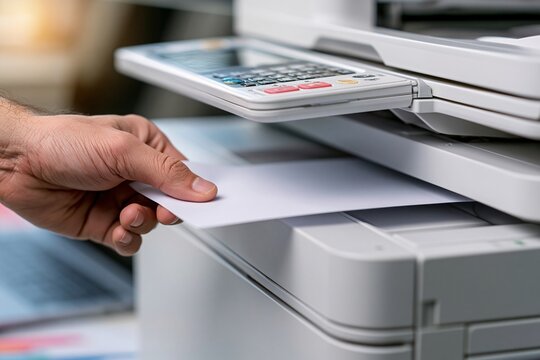 Hand feeding document into office multifunction printer during routine task.