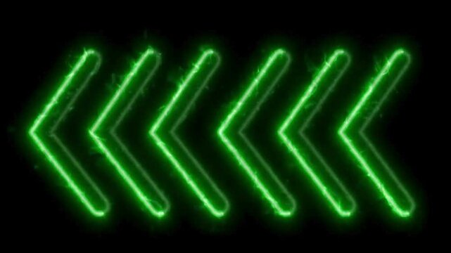 Glowing neon green arrow symbols moving on black background direction signs motion pointer