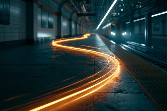 Glowing path running along an empty subway platform