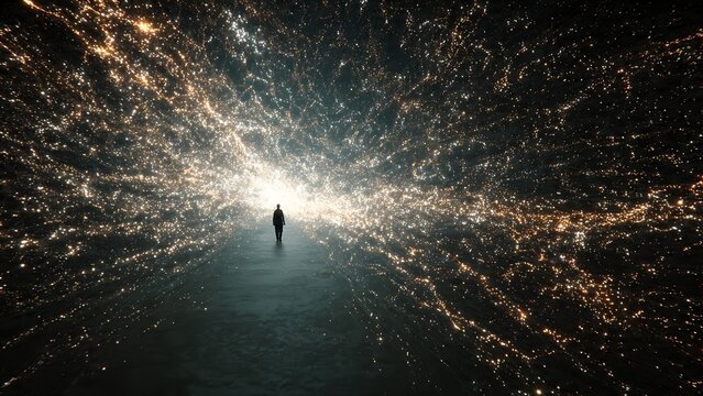 A solitary human silhouette walking down a dark path toward a brilliant burst of light, surrounded by an expansive abstract digital matrix of glowing data networks and golden lights.