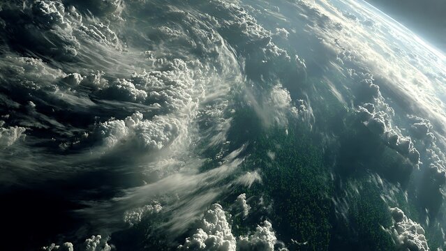 A dramatic high-altitude orbital view of Earth featuring a massive atmospheric storm system with swirling thick cloud formations, dark oceans, and sunlight reflecting off the horizon.