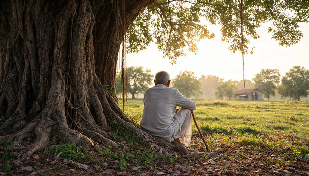 Mature farmer resting under ancient banyan tree at sunset. Senior agricultural worker relaxing outdoors in golden hour light.