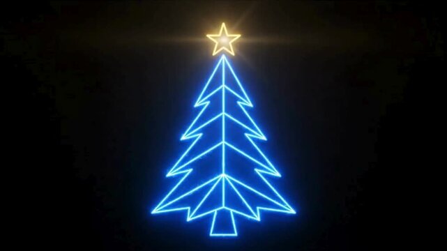 Minimalist blue neon christmas tree outline with star icon on solid black background
