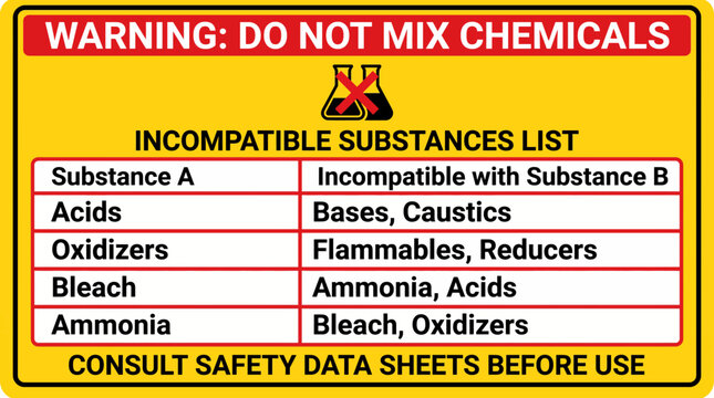Chemical Mixing Warning Label with Incompatible Substances List