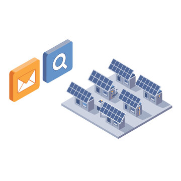 Isometric solar farm with search and message icon concept