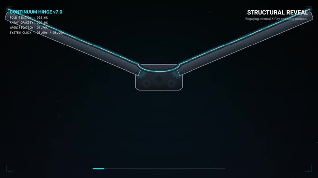 Futuristic HUD interface showing a technical animation of a continuum hinge mechanism for a foldable device with structural reveal and mechanical inspection