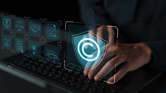 Digital copyright protection system showing secure ownership, intellectual property rights, content verification, and legal warning icons for creators and publishers Marrow