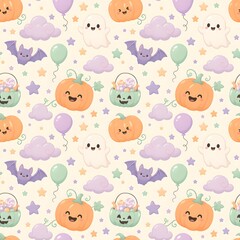 Fototapeta premium Seamless pattern with cute kawaii halloween elements like pumpkins ghosts bats and balloons on a light background