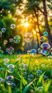 A cluster of colorful soap bubbles rising from the grass in a serene park atmosphere