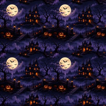 Seamless pattern background featuring a spooky haunted house under a full moon for halloween night celebrations