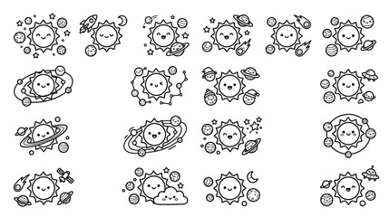 Fototapeta premium Cute Kawaii Sun Characters with Planets, Stars, and Rockets - Doodle Art Collection