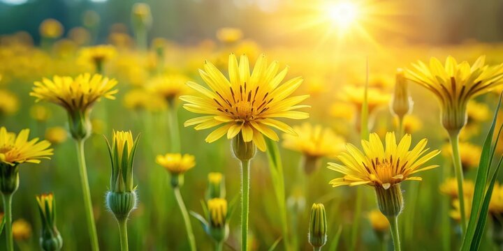 Dense yellow salsify flowers blooming in summer meadow