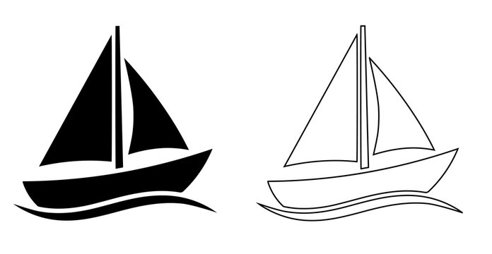 Sailboat silhouette and line art illustration on waves with sailboat nautical illustration vacation